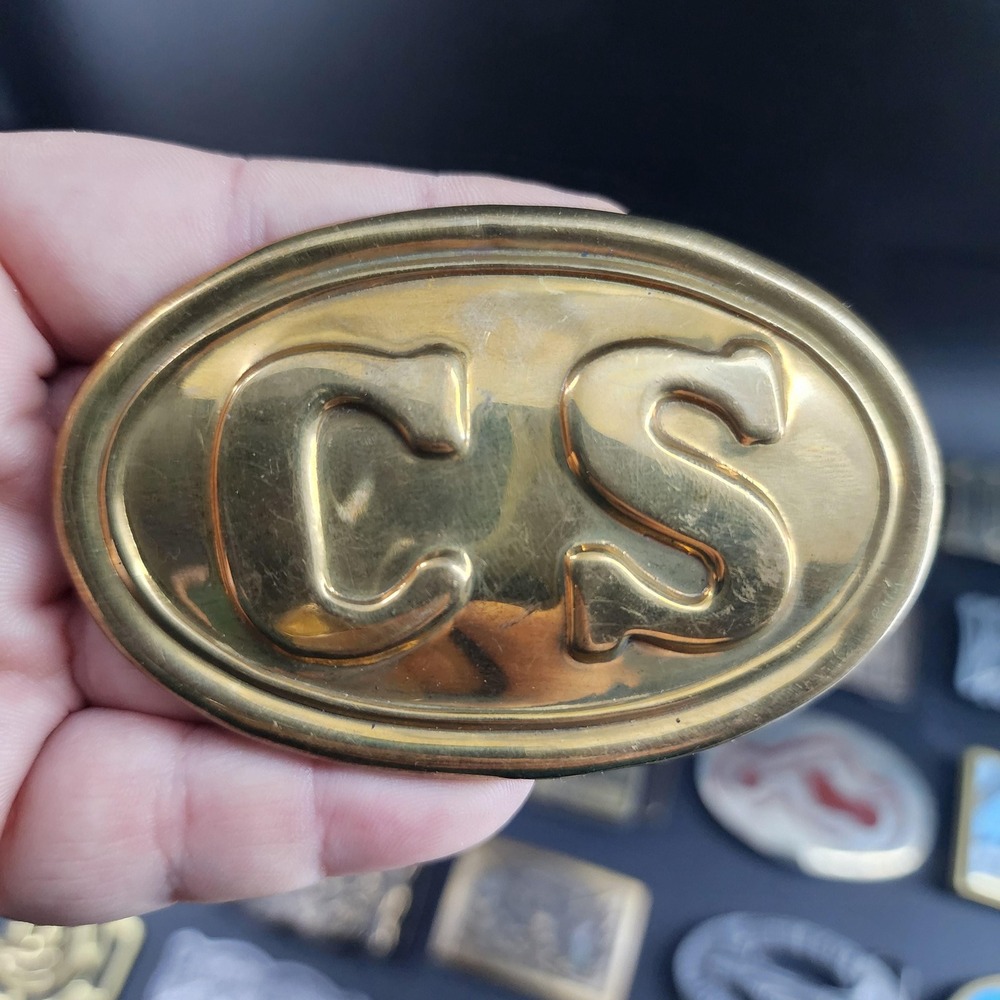 Vintage Gold Toned CS War Re-enactment Belt Buckle Hefty Weighted Oval Metal